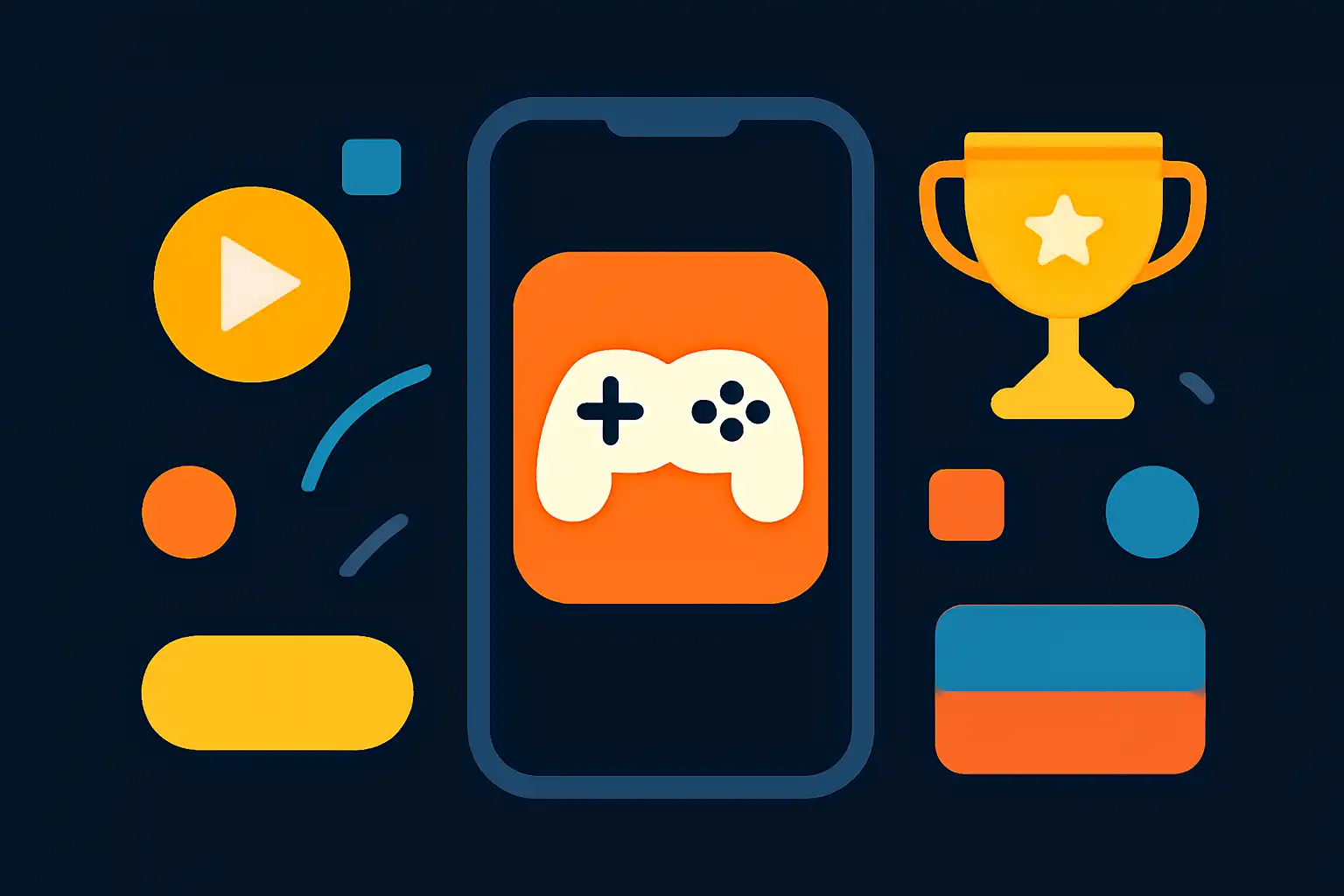 Hero illustration: TC Game, modern flat design, dark background, brand-neutral, icons and shapes only, no text