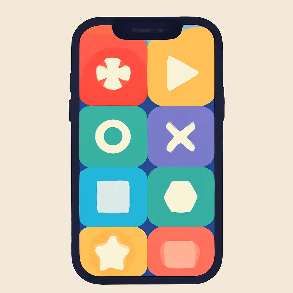 Smartphone shown from the front displaying a colourful flat layout of abstract game icons and rounded tiles (no text, no letters, no labels), TC Game