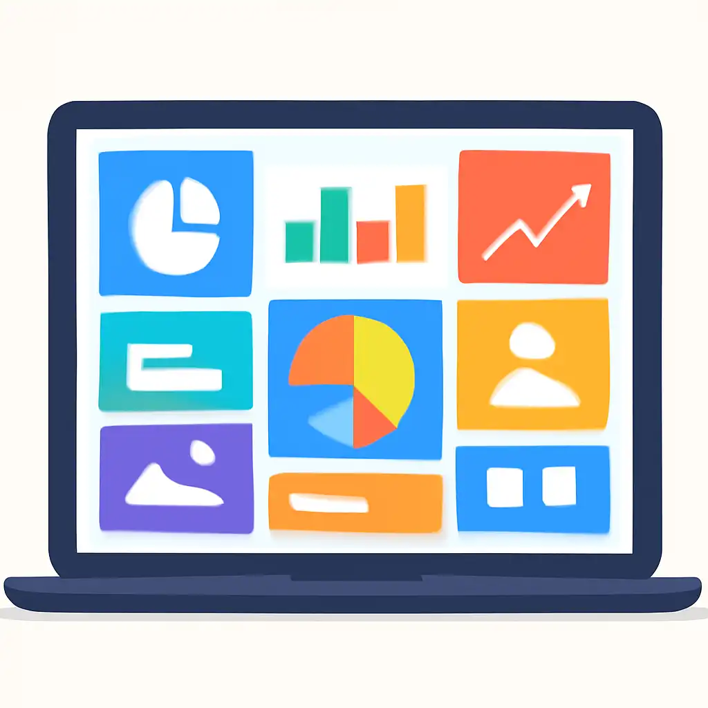 Laptop shown from the front displaying a colourful flat dashboard of abstract charts, bars and icon tiles (no text, no letters, no labels), TC Game