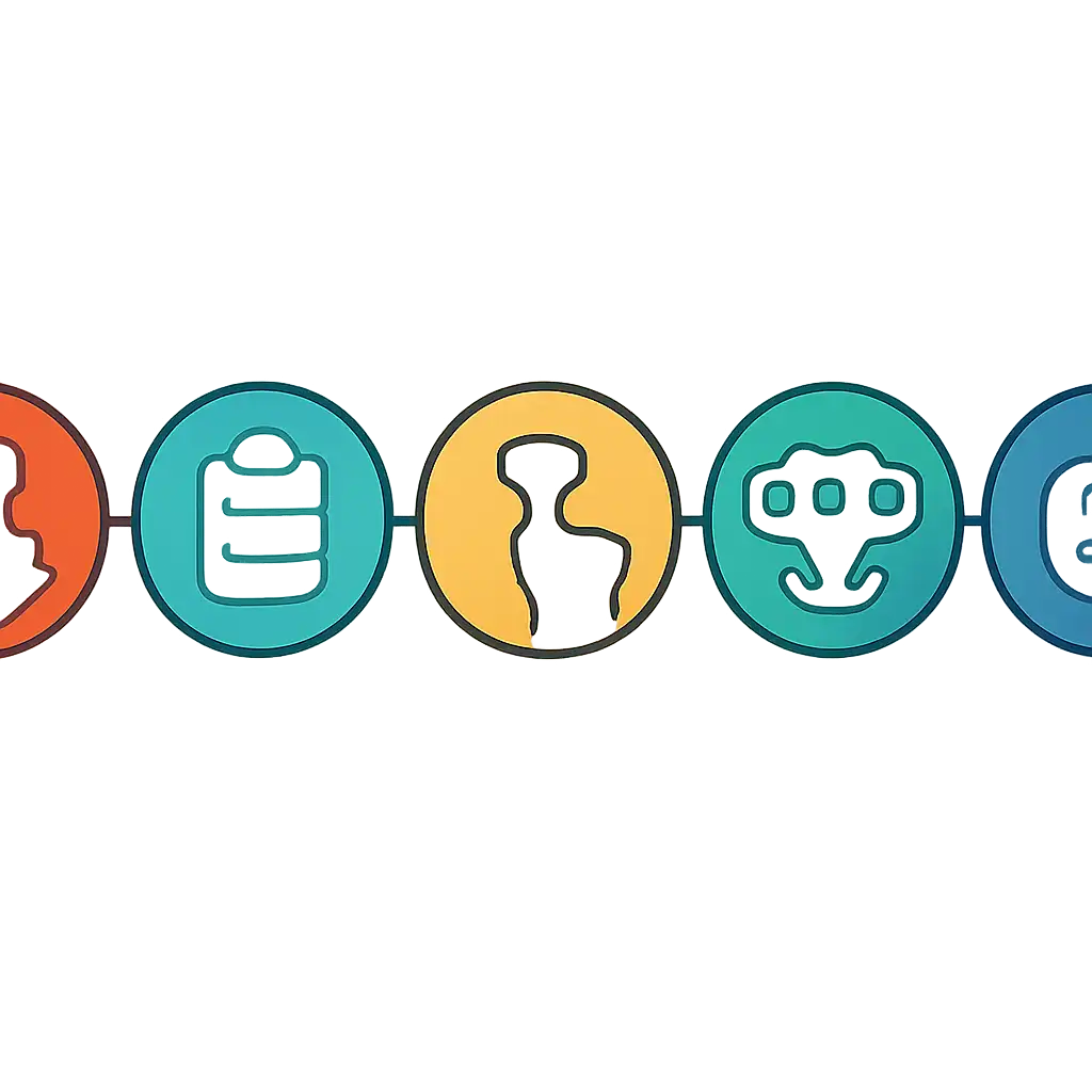 Five numbered circular icons connected by arrows in a horizontal flow, flat illustration, icons only, no words, TC Game steps
